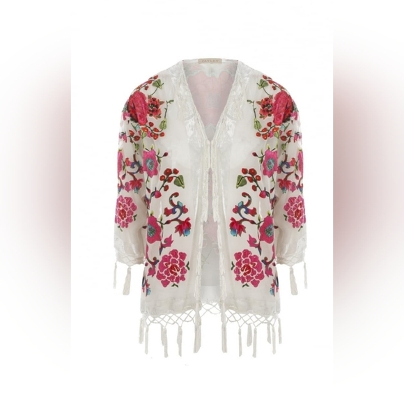 Jayley Silk Floral Kimono Cream White devore Jacket Coverup with Tassels Onesize - Picture 4 of 16